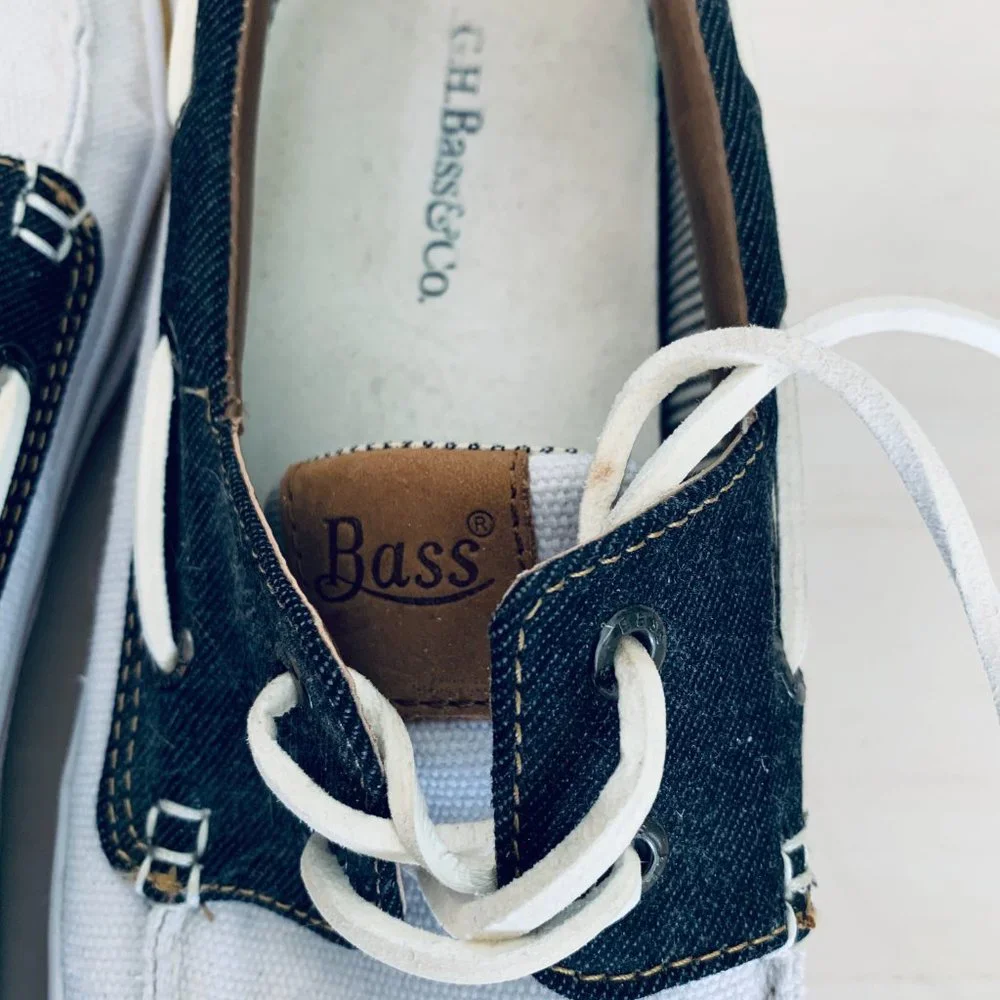 Men’s G H Bass & Co Deck Shoes Delightful Navy, Tans White Blue Ticking Lining